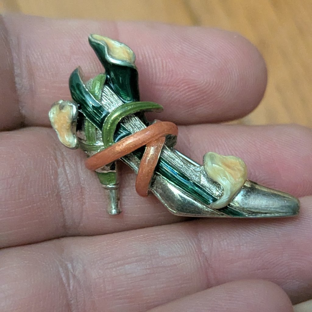 Kjl Kenneth Jay Lane Enamel High Heel Shoe Sterling Silver Brooch Pin Calla Lily 20$